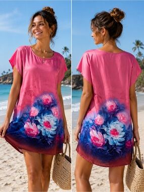 No Brand - Women’s Pink Floral Swim Cover-Up Dress